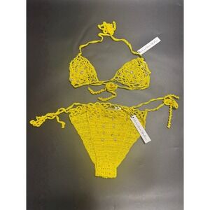 Monica Hansen New Crochet Rhinestone Bikini‎ Set Yellow Size Medium